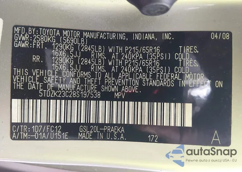 2008 Toyota Sienna Le z USA, uszkodzony, nr VIN 5TDZK23C28S197538